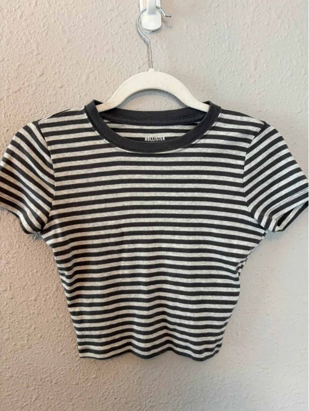 Hollister grey/white stripe baby tee size XS